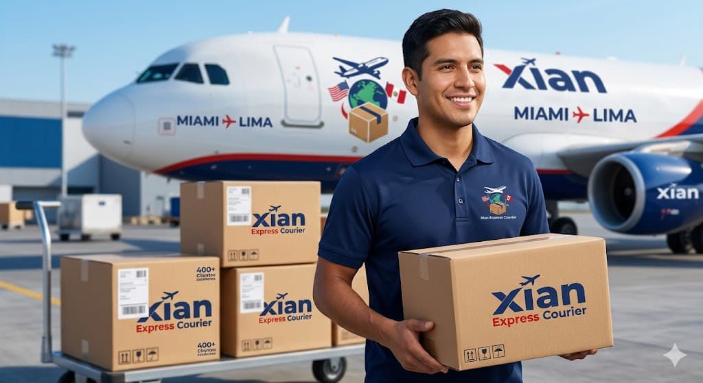 Agente Xian Express con paquetes frente al avión Miami-Lima